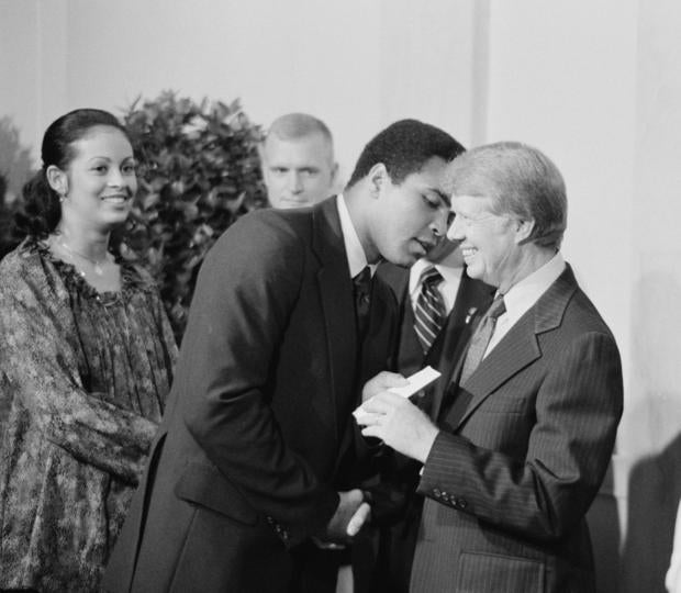 President Jimmy Carter greeting Mohammed Ali. 