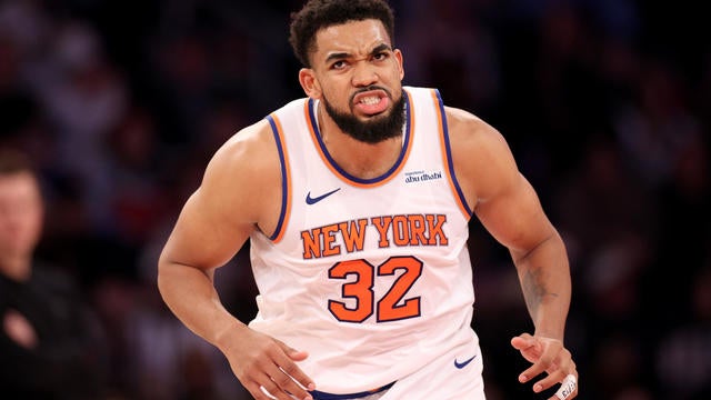 Karl-Anthony Towns #32 of the New York Knicks reacts against the Utah Jazz during the first half at Madison Square Garden on January 01, 2025 in New York City. 