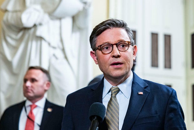 House Speaker Mike Johnson speaks to members of the media at the Capitol in Washington, D.C., on Friday, Dec. 20, 2024.
