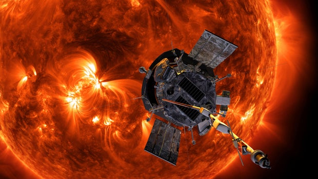 Artist's concept shows the Parker Solar Probe spacecraft flying into the Sun's outeratmosphere
