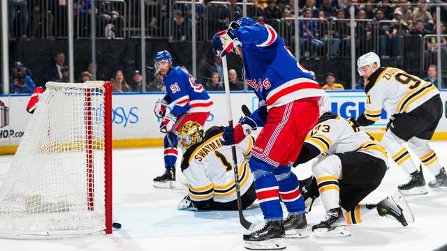 Mika Zibanejad #93 of the New York Rangers scores a goal in the first period against the Boston Bruins at Madison Square Garden on January 2, 2024 in New York City. 