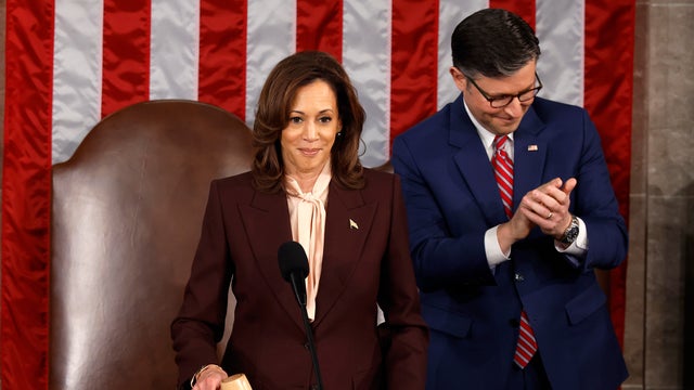 Vice President Kamala Harris and Speaker of the House Mike Johnson preside over a joint session of Congress to count the 2024 presidential electoral votes at the U.S. Capitol on Jan. 6, 2025, in Washington, D.C.