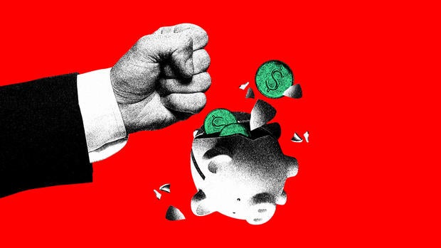 Male hand breaking piggy bank with money on red background. Taking risks. Gambling, stock market investment. Contemporary art collage. 