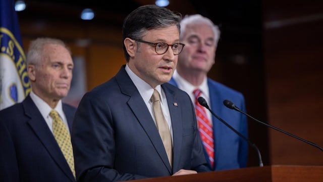 Speaker of the House Mike Johnson speaks to the press during a press conference with other members of House Republican leadership in Washington, DC on January 7, 2025.