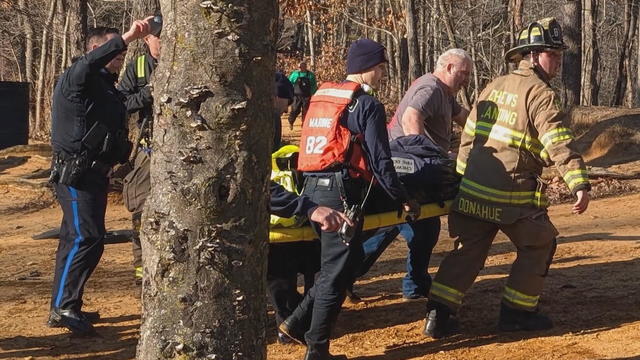 Firefighters carry a person on a stretcher in a forest 