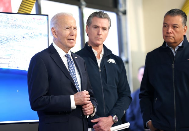 President Biden, California Gov. Gavin Newsom and Sen. Alex Padilla attend a briefing on the recent fires in California on Wednesday, Jan. 8, 2025.