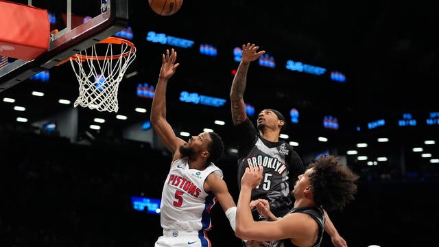 Detroit Pistons' Malik Beasley (5) drives past Brooklyn Nets' Keon Johnson (45) during the second half of an NBA basketball game, Wednesday, Jan. 8, 2025, in New York. 