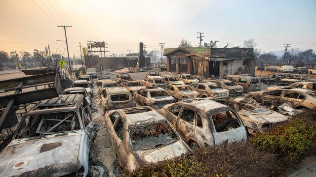 Burnt vehicles are seen in Altadena, California, as the Eaton Fire burns Jan. 9, 2025. 