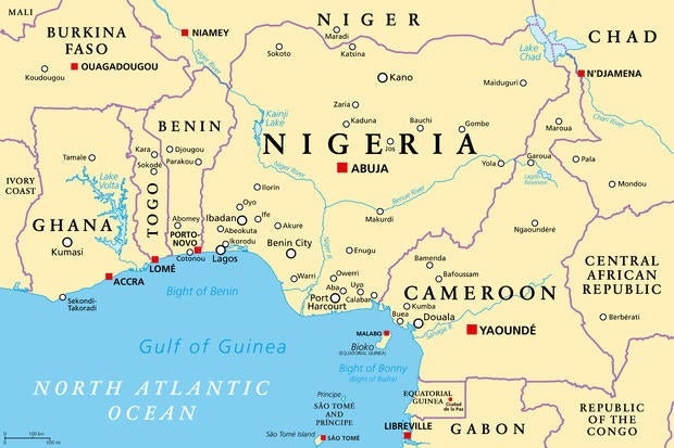 Nigeria and West Africa countries on the Gulf of Guinea, political map 