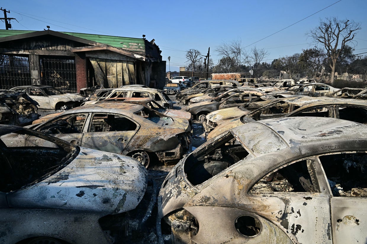 Cars belonging to the Altadena Auto Center dealership that were destroyed by the Eaton Fire are seen in a lot in Altadena, California, Jan. 10, 2025. 