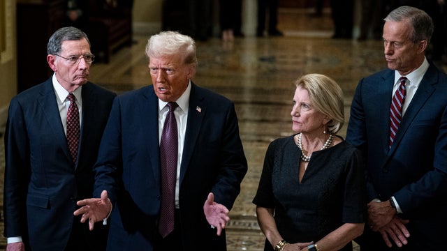 Sen. John Barrasso, a Republican from Wyoming, from left, President-elect Donald Trump, Sen. Shelley Moore Capito, a Republican from West Virginia, and Senate Majority Leader John Thune, a Republican from South Dakota, speak to members of the media following a meeting with Senate Republicans at the Capitol in Washington, DC, on Wednesday, Jan. 8, 2025.