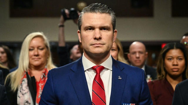 Pete Hegseth takes his seat at his confirmation hearing before the Senate Armed Services Committee on Capitol Hill on Jan. 14, 2025. 