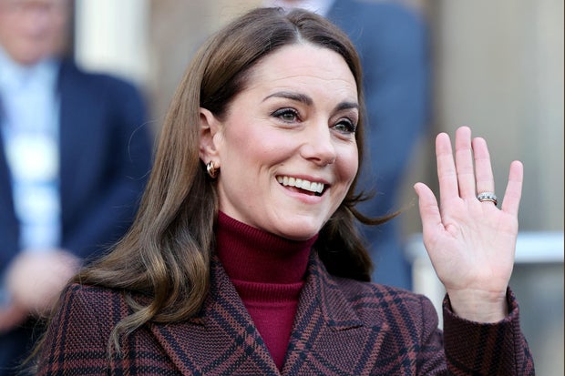 Britain's Catherine, Princess of Wales, waves following a visit to the Royal Marsden Hospital in west London on Jan. 14, 2025.