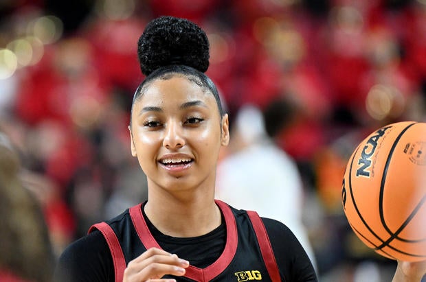 JuJu Watkins of the USC Trojans warms up before a game against the Maryland Terrapins at Xfinity Center on Jan. 8, 2025, in College Park, Maryland. 