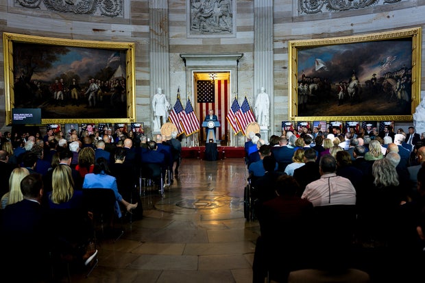 Senate Majority Leader Chuck Schumer speaks during a Congressional Gold Medal ceremony in the Capitol Rotunda on Sept. 10, 2024.