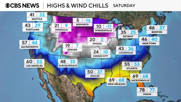 Map shows forecast high temperatures and wind chills for Saturday, Jan. 18, 2025.