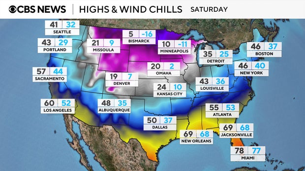 Map shows forecast high temperatures and cold air for Saturday, January 18, 2025.