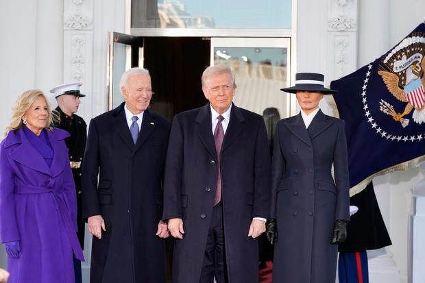 President-elect Donald Trump and Melania Trump are greeted by President Biden and first lady Jill Biden, upon their arrival at the White House, Monday, Jan. 20, 2025, in Washington.