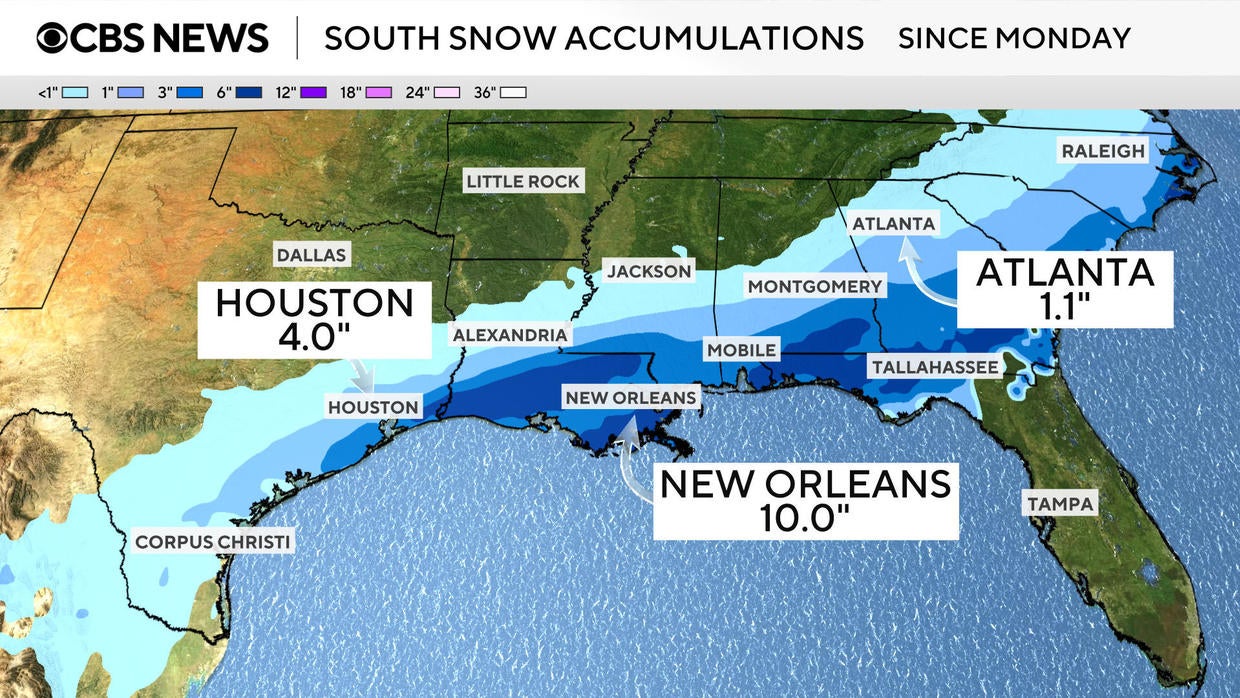 Maps show snow totals in Florida, Louisiana, Texas and more states