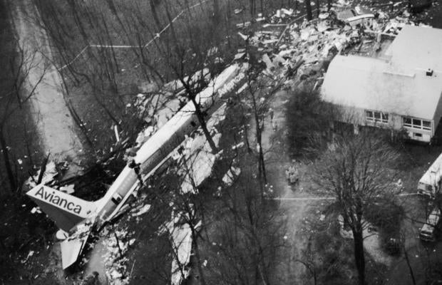 Aerial view of Avianca Flight 52 plane crash in Cove Neck, New York, 1990 