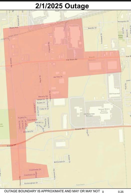 Map of power outage impact in Wayne and Romulus 