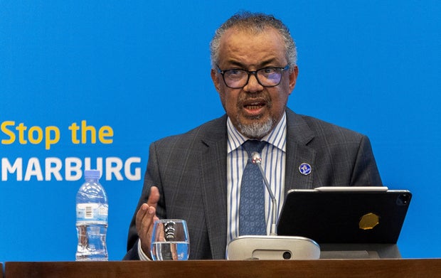 FILE PHOTO: WHO Director-General Tedros Adhanom Ghebreyesus address a press conference on the Marburg virus outbreak, in Kigali