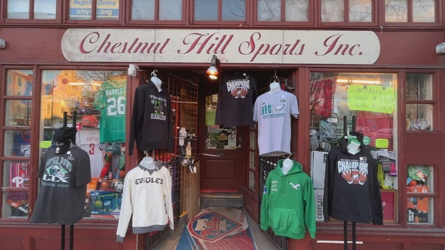 Eagles gear is seen outside Chestnut Hill Sports Inc. 