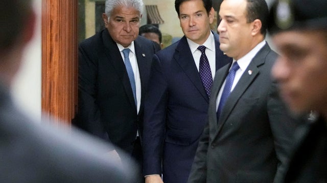 Panama's President Jose Raul Mulino and U.S. Secretary of State Marco Rubio arrive for a meeting at the presidential palace in Panama City on February 2, 2025. 