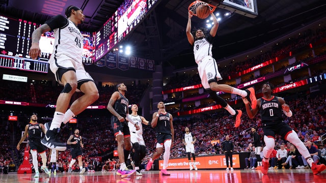 Ziaire Williams #8 of the Brooklyn Nets dunks the ball against the Houston Rockets during the first half at Toyota Center on February 01, 2025 in Houston, Texas. 