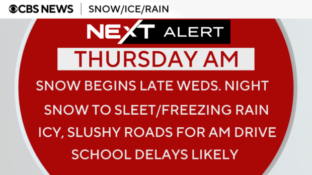 NEXT Weather Alert information for Thursday morning. Snow to begin late Wednesday night; snow turns to sleet, freezing rain; icy, slushy roads for morning drive, school delays likely 