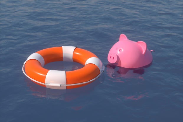 Sinking Piggy Bank with Life Buoy on Sea, Financial Insurance, Protection 