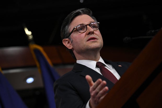 Speaker of the House Mike Johnson, Republican from Louisiana, speaks during a news conference on Capitol Hill in Washington, DC, on February 5, 2025.