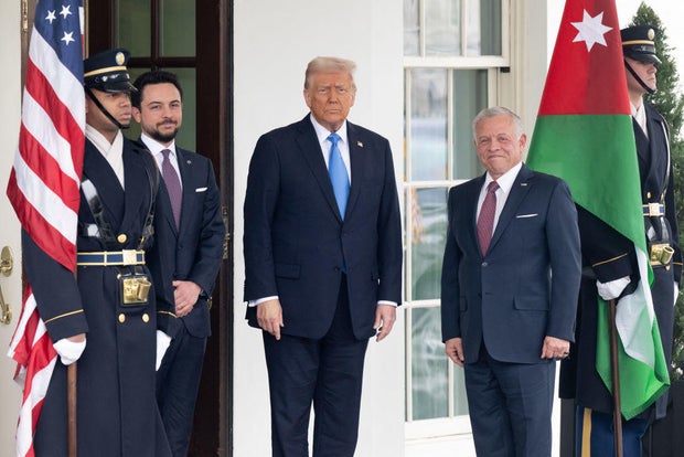 President Trump greets Jordan's King Abdullah II and Crown Prince Al Hussein as they arrive for a meeting at the West Wing of the White House in Washington, D.C., on Feb. 11, 2025. 
