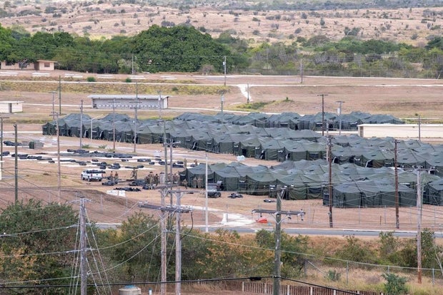 Holding tents being erected to house migrants at Naval Station Guantanamo Bay in Cuba on Feb. 6, 2025.
