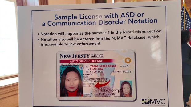 A poster showing a sample New Jersey license with autism spectrum or a communication disorder notation. 