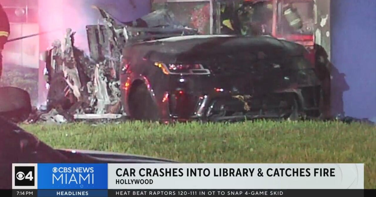 Car crashes into Hollywood library, catches fire