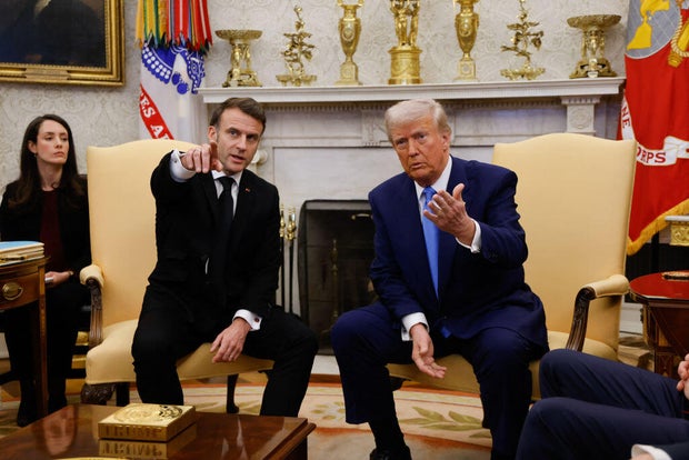President Trump meets with French President Emmanuel Macron in the Oval Office at the White House on Feb. 24, 2025, in Washington, D.C.