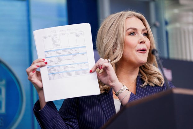White House Press Secretary Karoline Leavitt holds a press briefing at the White House in Washington