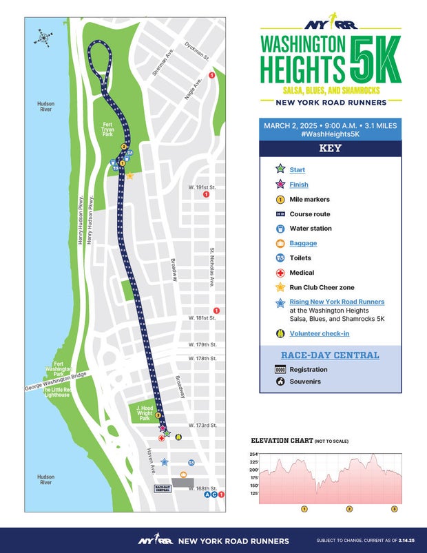 A route map of the 2025 NYRR Washington Heights 5K 