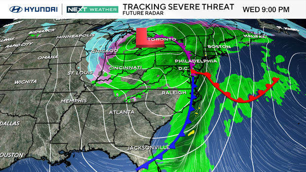 Weather map showing a system over the area Wednesday at 9 p.m. 