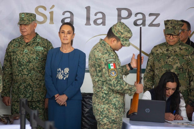 Mexican President Claudia Sheinbaum attends the launch of a federal disarmament program outside the Basilica of Our Lady of Guadalupe in Mexico City on Jan. 10, 2025. 