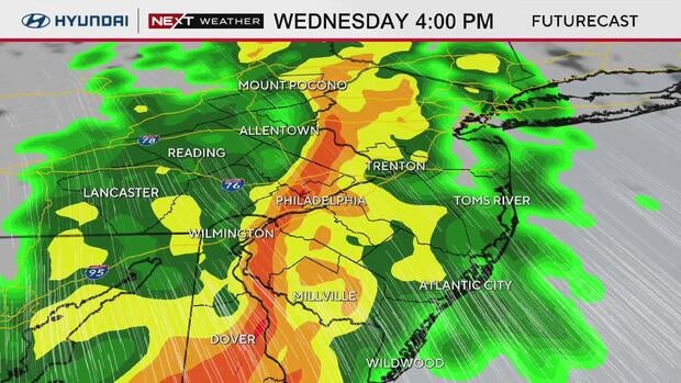 a map of eastern Pennsylvania, northern Delaware and New Jersey showing patterns of rain. There is a strong line of heavy rain and wind extending from around Upper Bucks County Pennsylvania down south through Salem County, NJ. The graphic is labeled HYUNDAI NEXT WEATHER WEDNESDAY AT 4 P M. 