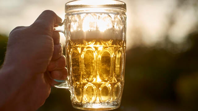 Hand holding glass beer mug at sunset 