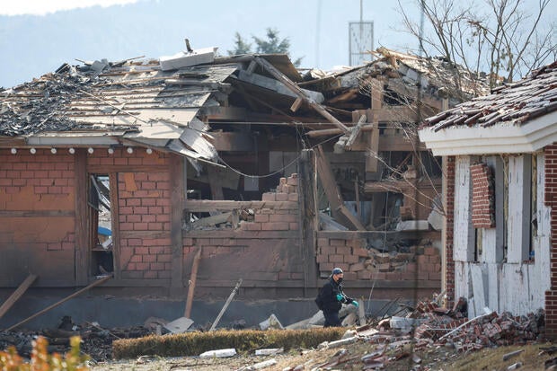 Aftermath of Mk82 bombs falling outside the shooting range during joint live-fire exercises, in Pocheon 