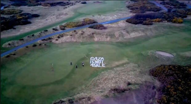 A drone view shows the aftermath of a pro-Palestinian protest on U.S. President Donald Trump's golf course in Turnberry 