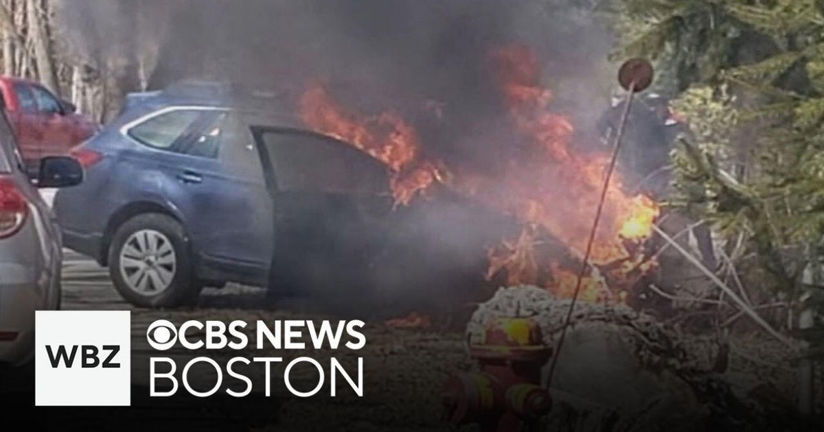 Elderly woman rescued from burning car in East Bridgewater - CBS Boston