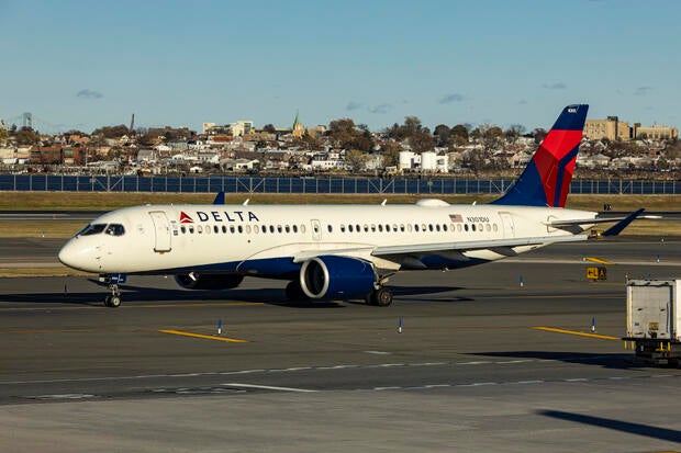 A Delta Air Lines Airbus A220-300 passenger aircraft is spotted taxiing at LaGuardia Airport in Queens, New York, Nov. 12, 2024. 