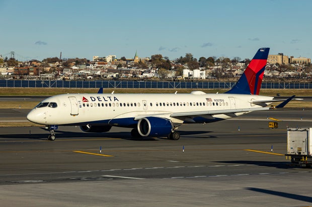 A Delta Air Lines Airbus A220-300 passenger aircraft is spotted taxiing at LaGuardia Airport in Queens, New York, Nov. 12, 2024.