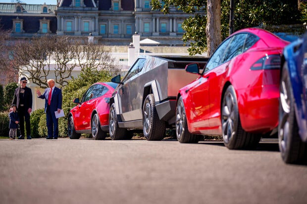 President Trump Speaks Alongside Tesla Vehicles At The White House 