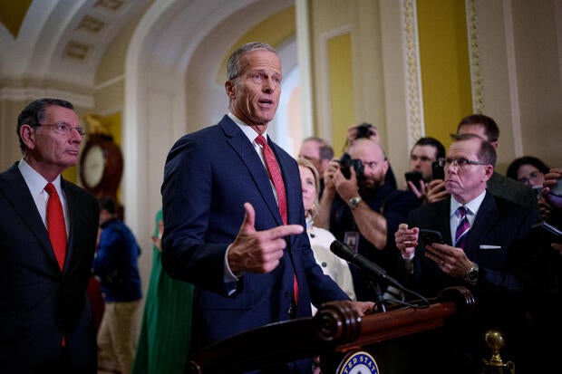 Senate Majority Leader John Thune speaks to reporters following a weekly Republican policy luncheon at the U.S. Capitol on February 19, 2025 in Washington, DC. 